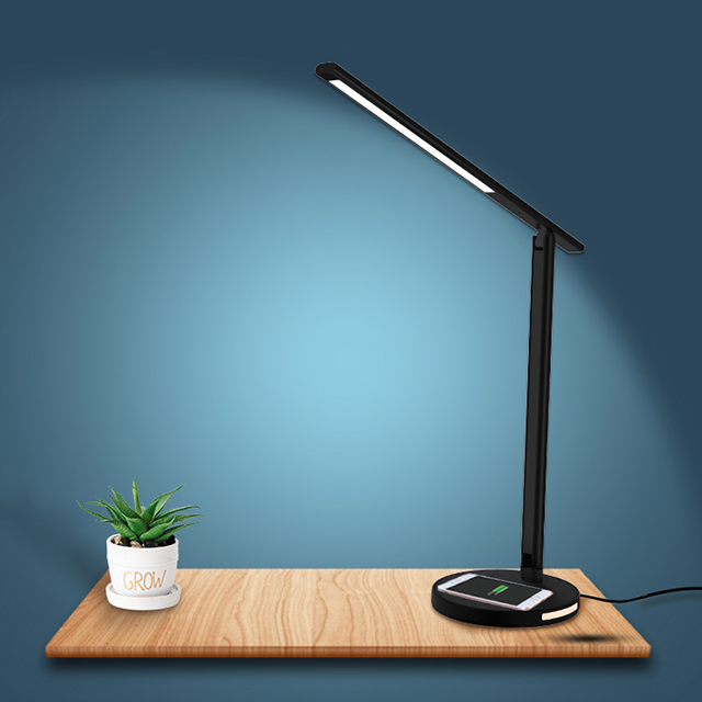 Lámpara de mesa negra de oficina de aleación de aluminio plegable de carga inalámbrica rápida con brillo continuo minimalista con modo de lectura nocturna